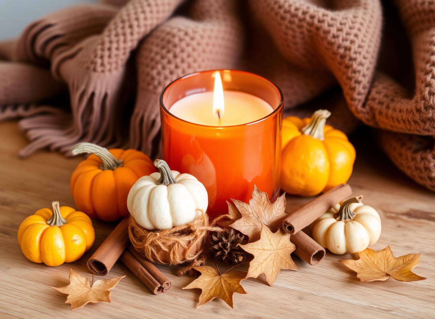 Pumpkin and copper-glass candle styled with cinnamon sticks and wool throw