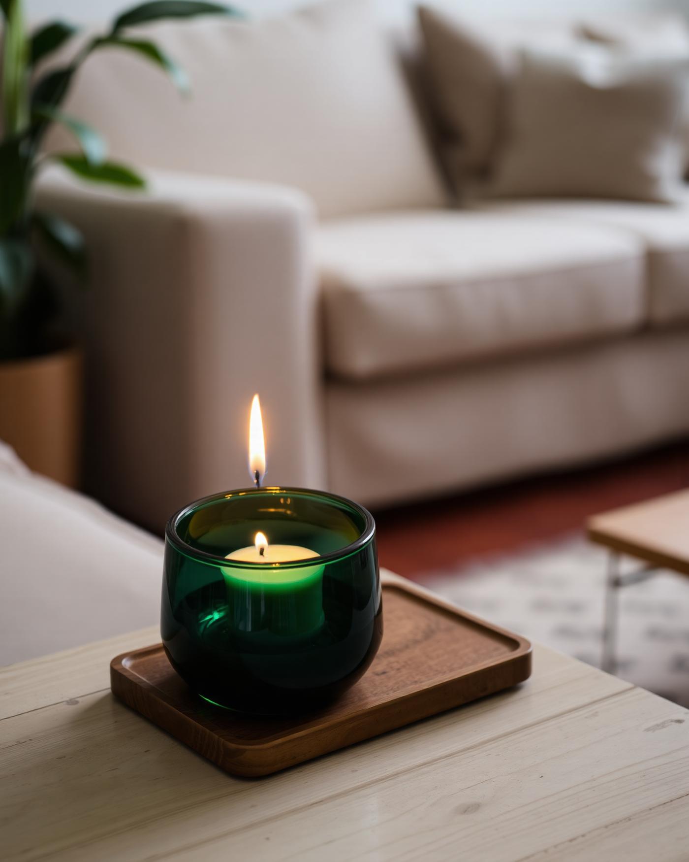 Cedarwood & Saffron candle in deep emerald glass, lit on side table