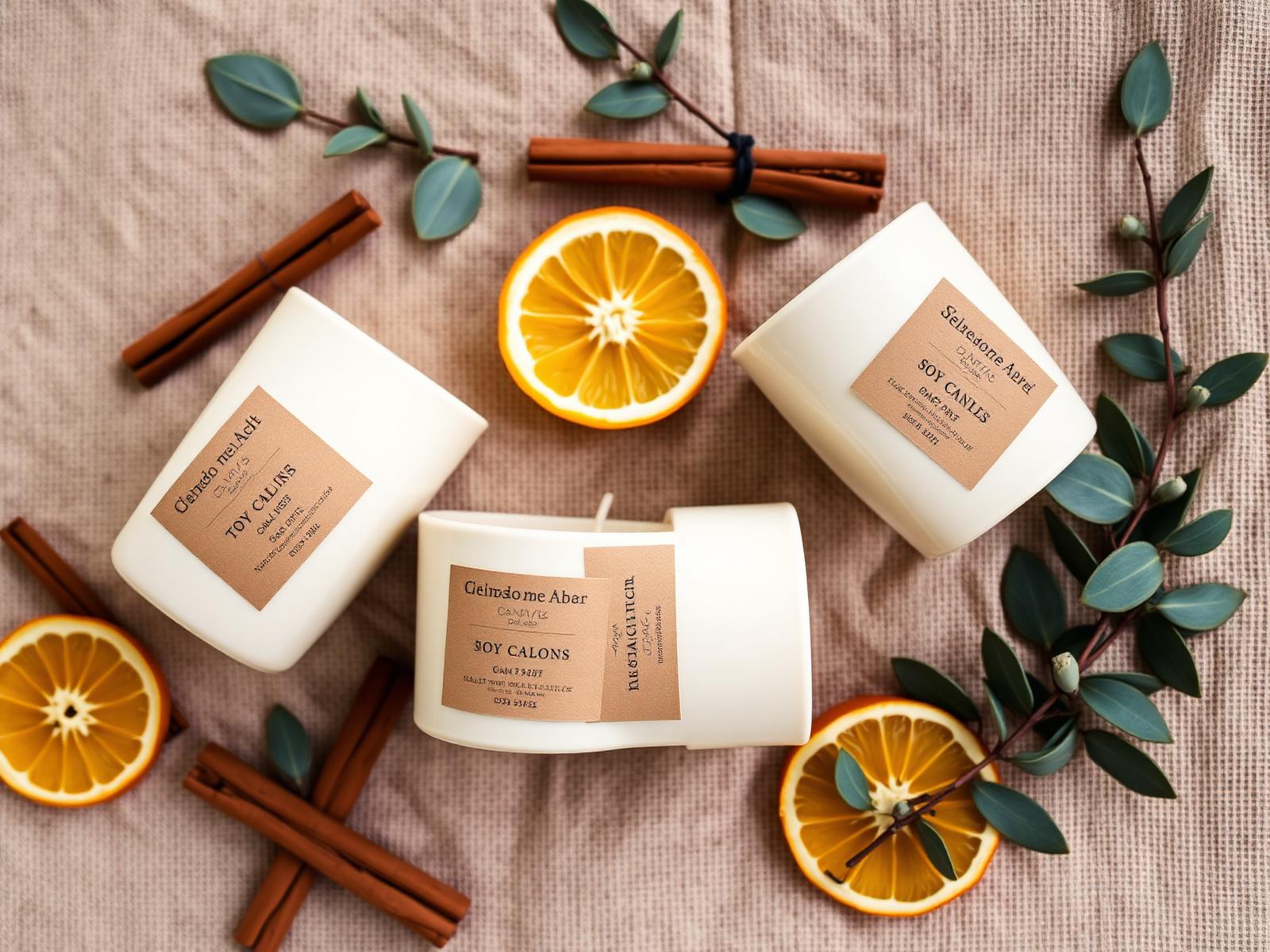Trio of cream ceramic candles with kraft labels and dried orange