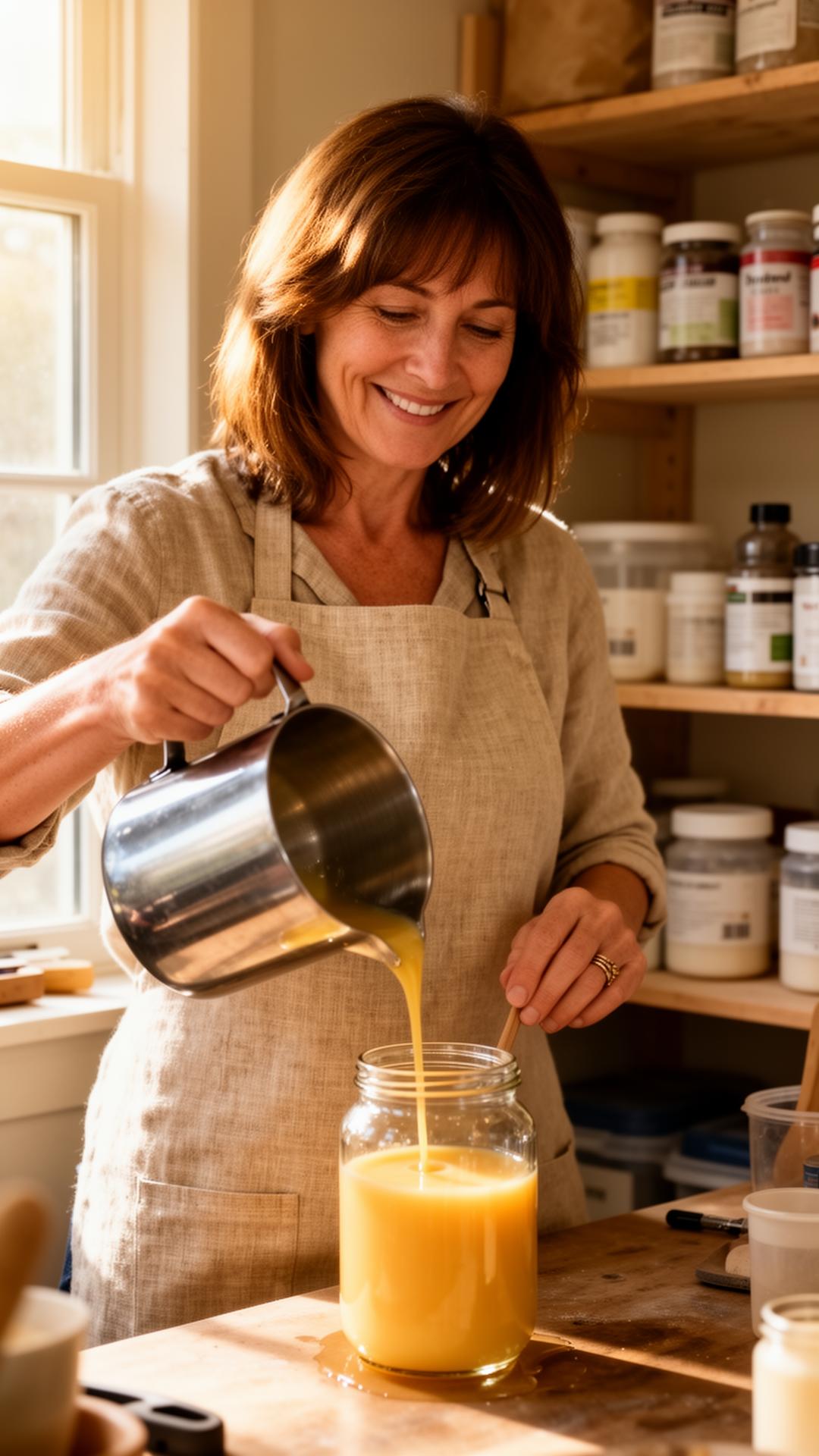 Carol Dolinsky pouring melted soy wax into a glass jar in her Cypress, TX studio