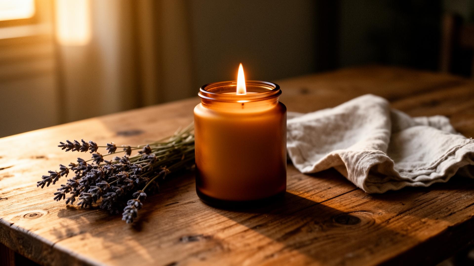 Hand-poured amber soy candle with a soft flame, lavender stems on rustic oak
