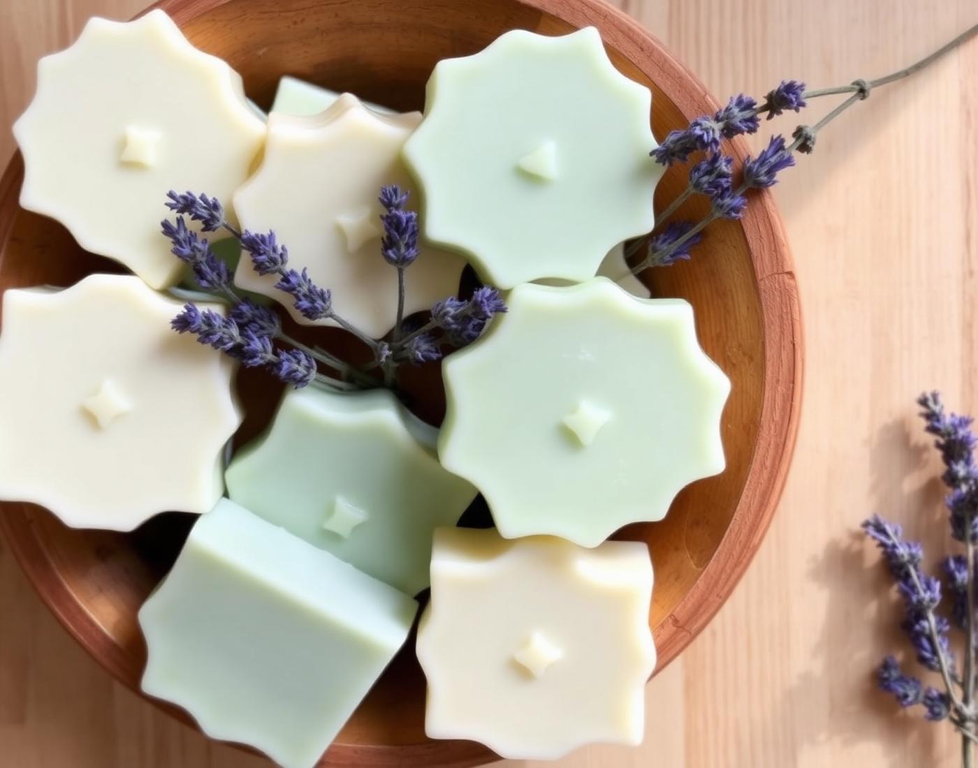 Sage and cream wax melts in wooden bowl